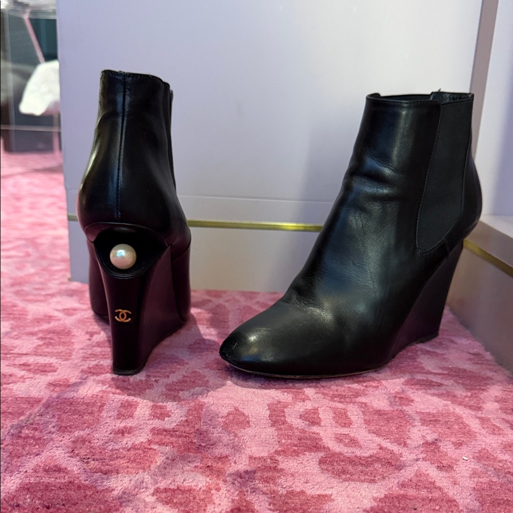 CHANEL Black Ankle Boots with Pearl Detail